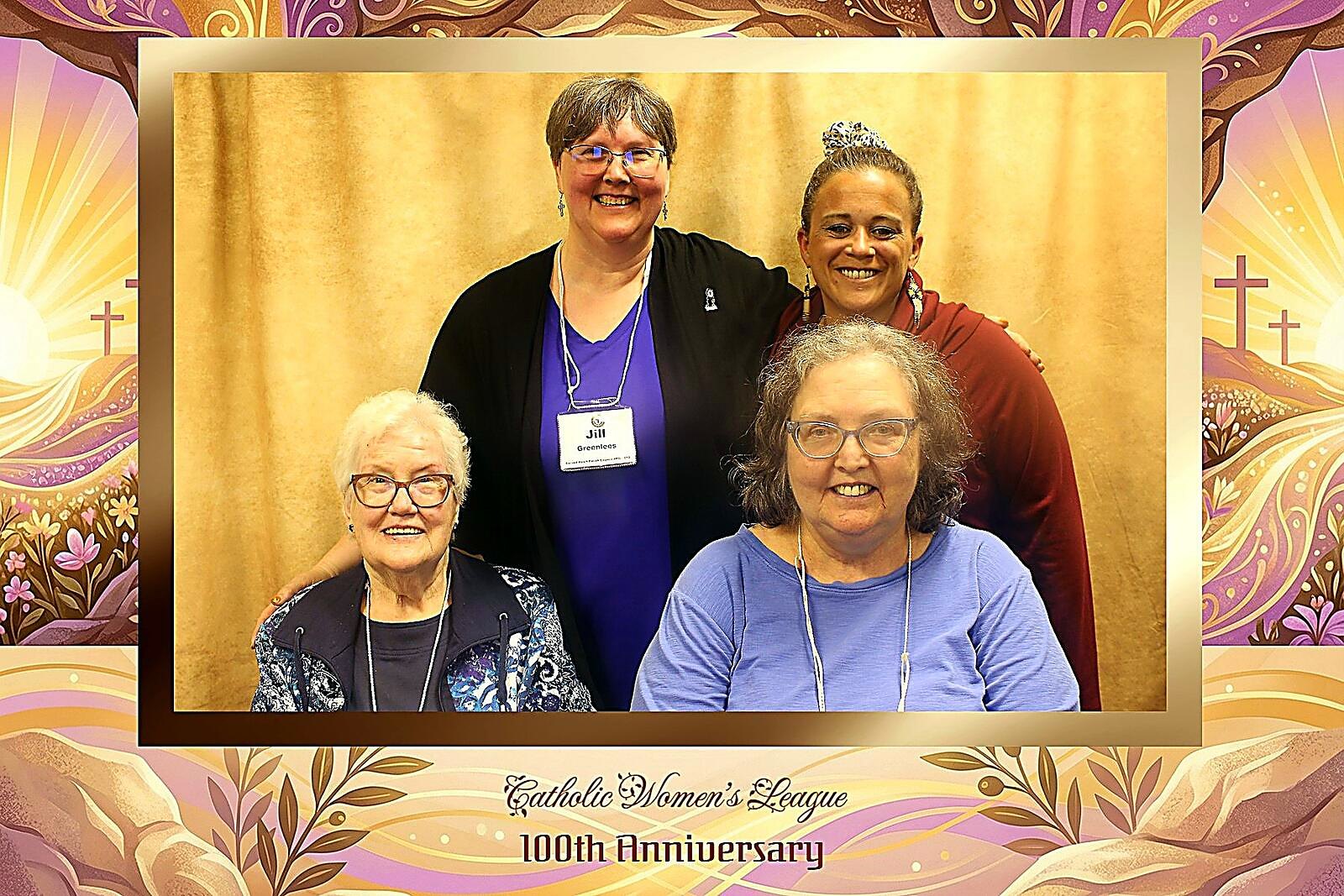 Four women of different generations, one in a red print top, against a gold drape in the CWL 100th anniversary overlay