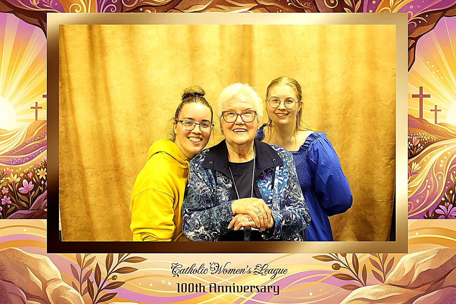 Three women framed by the Catholic Women's League 100th Anniversary overlay