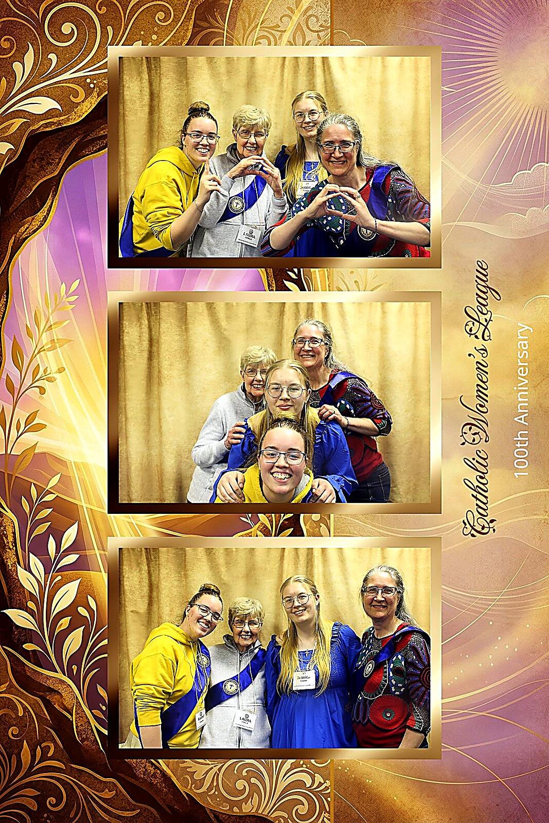 A vertical three-frame print of three women in blue and yellow sashes making heart shapes, in the gold CWL 100th anniversary design