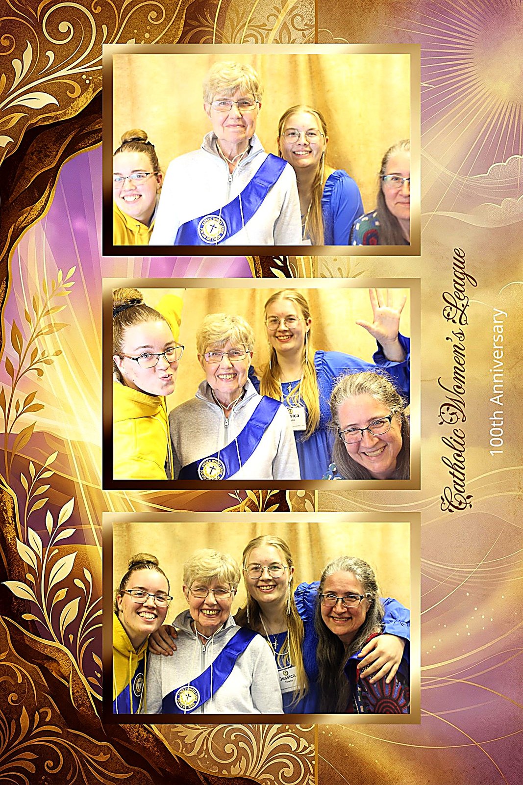 A three-frame print strip of three women in yellow and blue sashes, framed in a gold and rose Catholic Women's League 100th Anniversary design