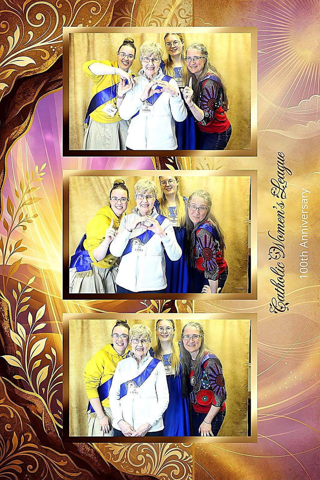 A vertical three-frame print of three women in yellow and blue sashes, framed in the gold Catholic Women's League 100th anniversary design