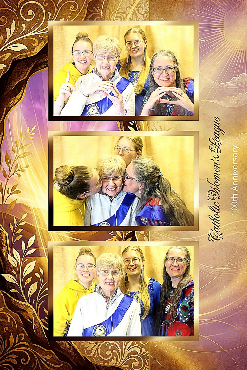 A three-frame guest photo strip in a custom gold overlay from the Catholic Women's League 100th Anniversary
