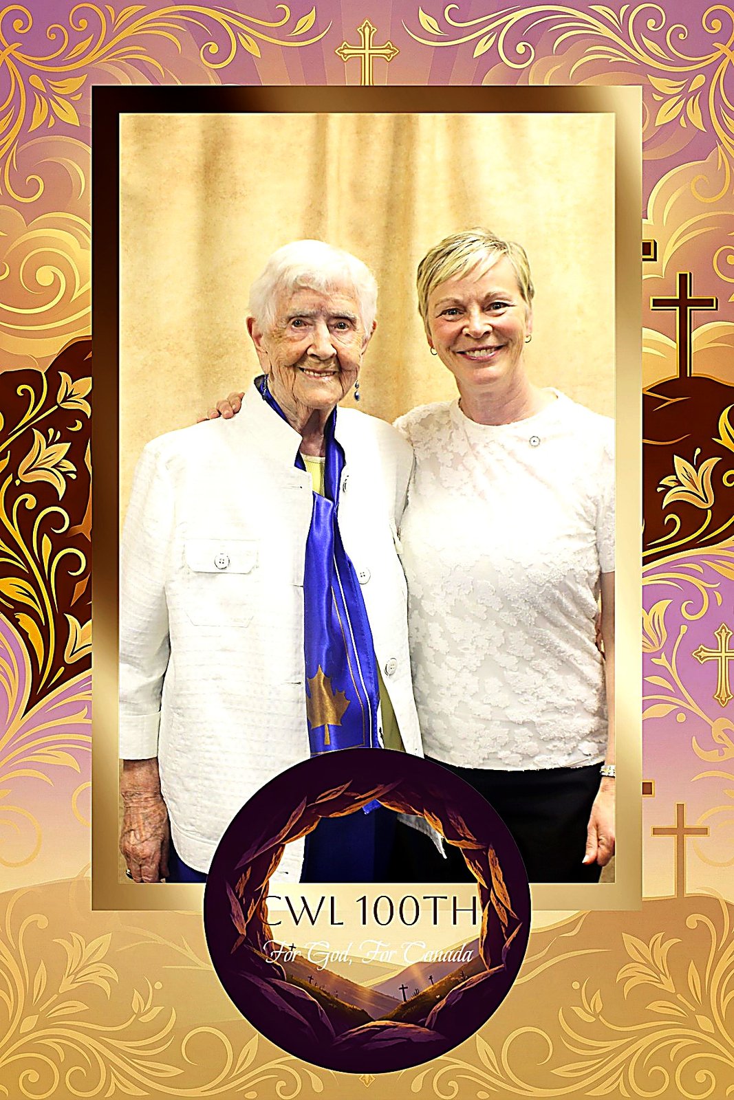Two women in white, one holding a cane, in a rose-and-gold CWL 100th overlay