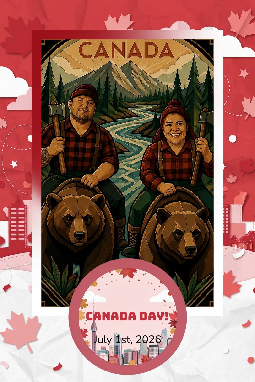 AI Photo Experience: a couple rendered as axe-wielding lumberjacks riding two grizzly bears down a mountain river