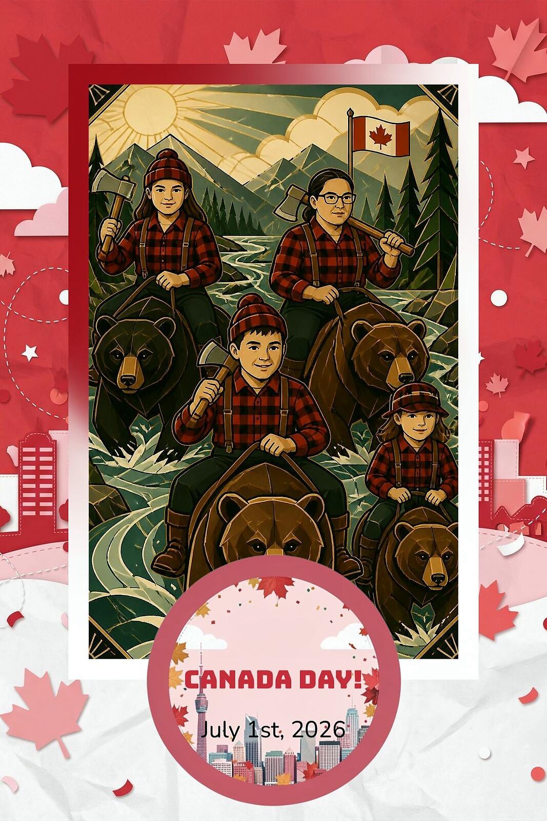 AI Photo Experience: three guests in red plaid riding grizzly bears beneath a Canada flag