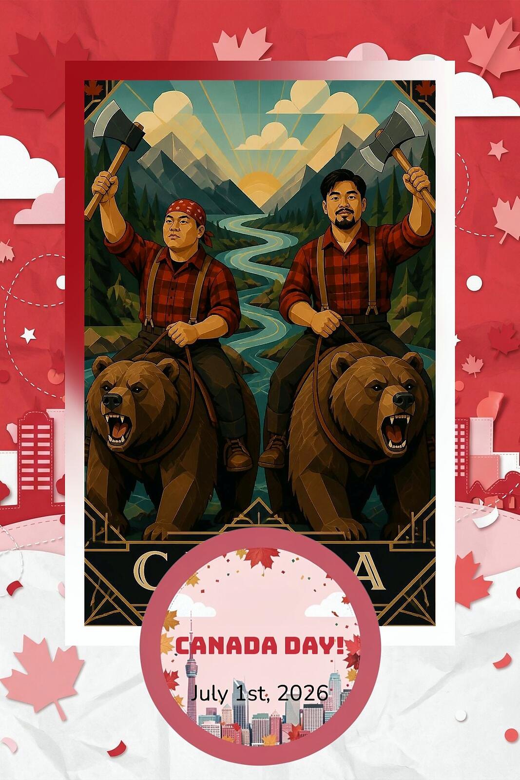 AI Photo Experience: two men in plaid drawn as lumberjacks riding grizzly bears through a mountain river