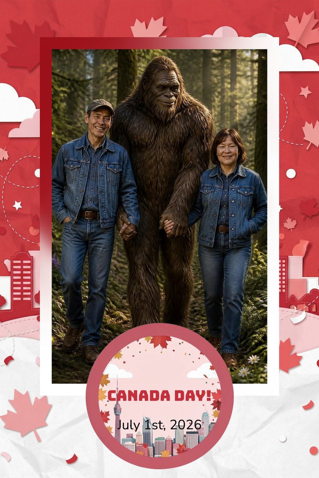 AI Photo Experience: a couple in denim walking a forest path hand in hand with a towering Sasquatch, in a Canada Day overlay