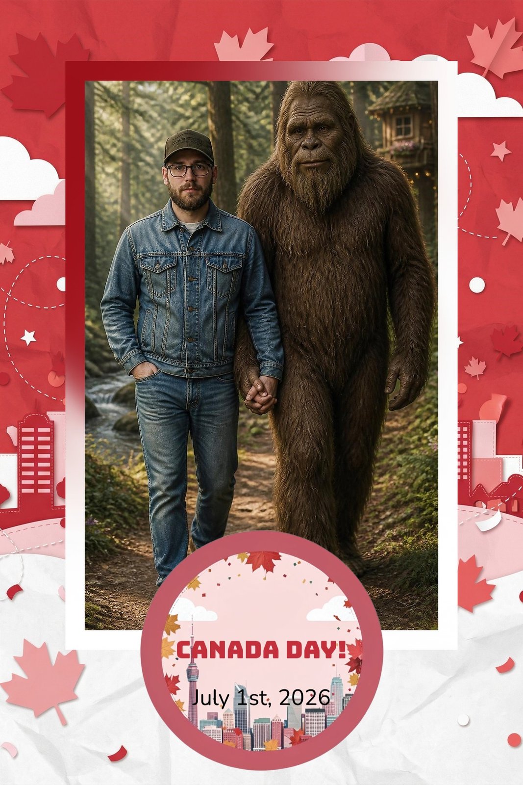 AI Photo Experience: a man in a denim jacket holding hands with Bigfoot on a forest trail, framed by the Canada Day overlay