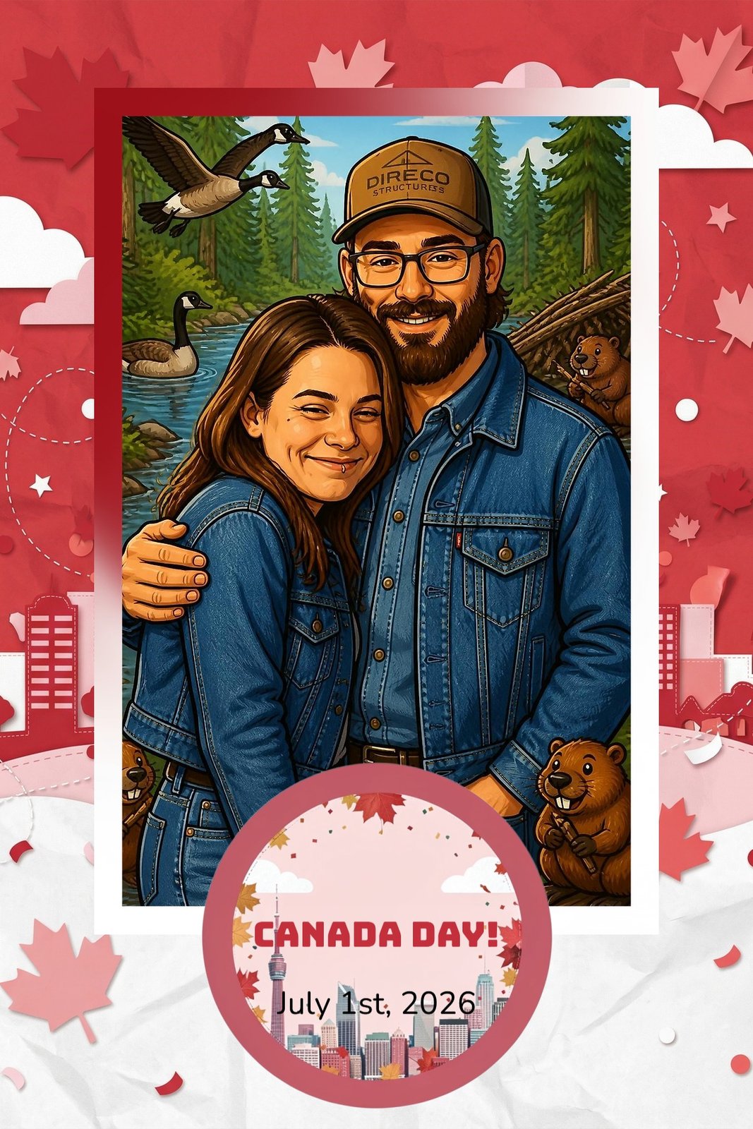 AI Photo Experience: a couple in denim jackets drawn as a storybook illustration with Canada geese and a beaver