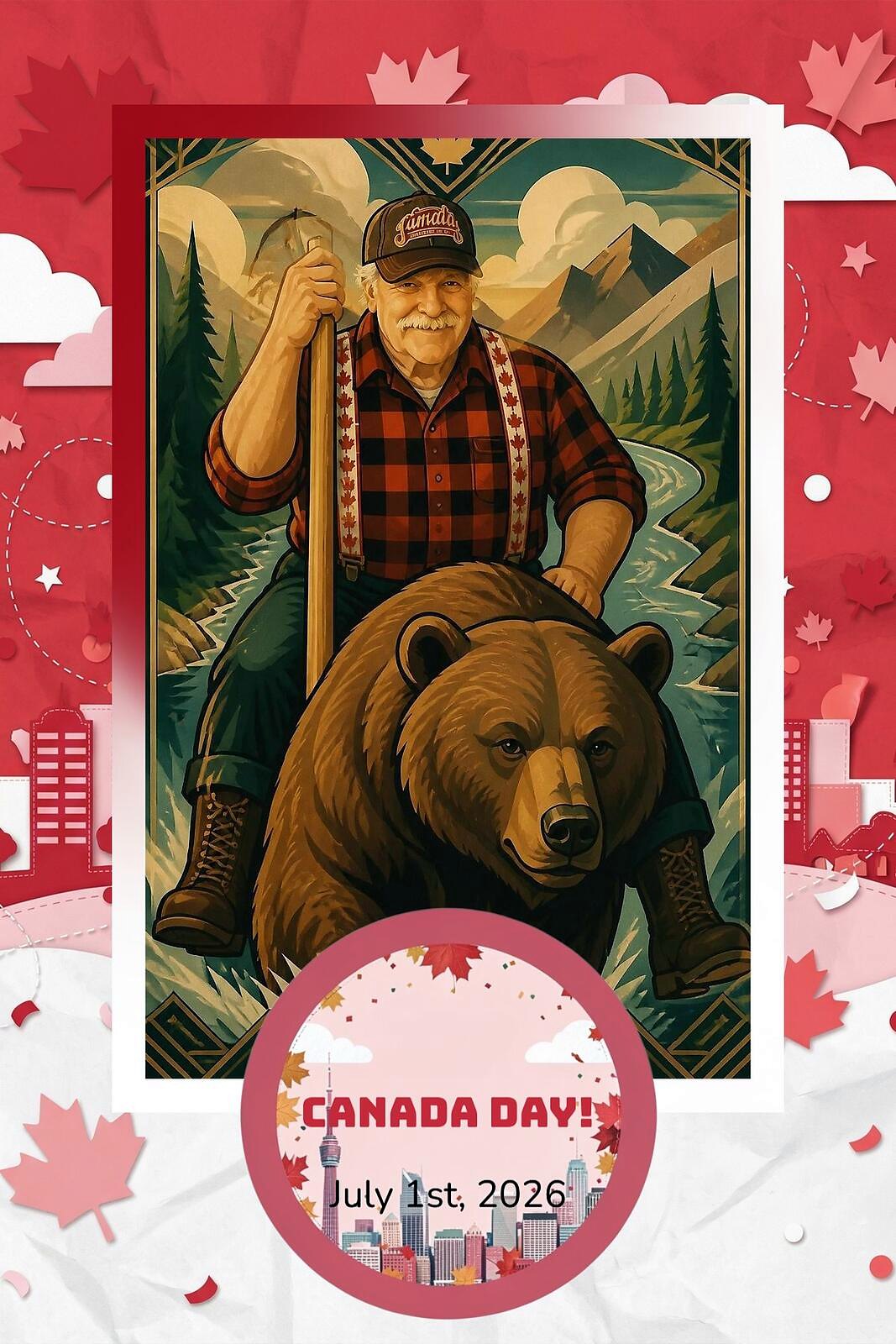 AI Photo Experience: a grey-bearded guest drawn as a lumberjack with an axe over his shoulder beside a grizzly bear