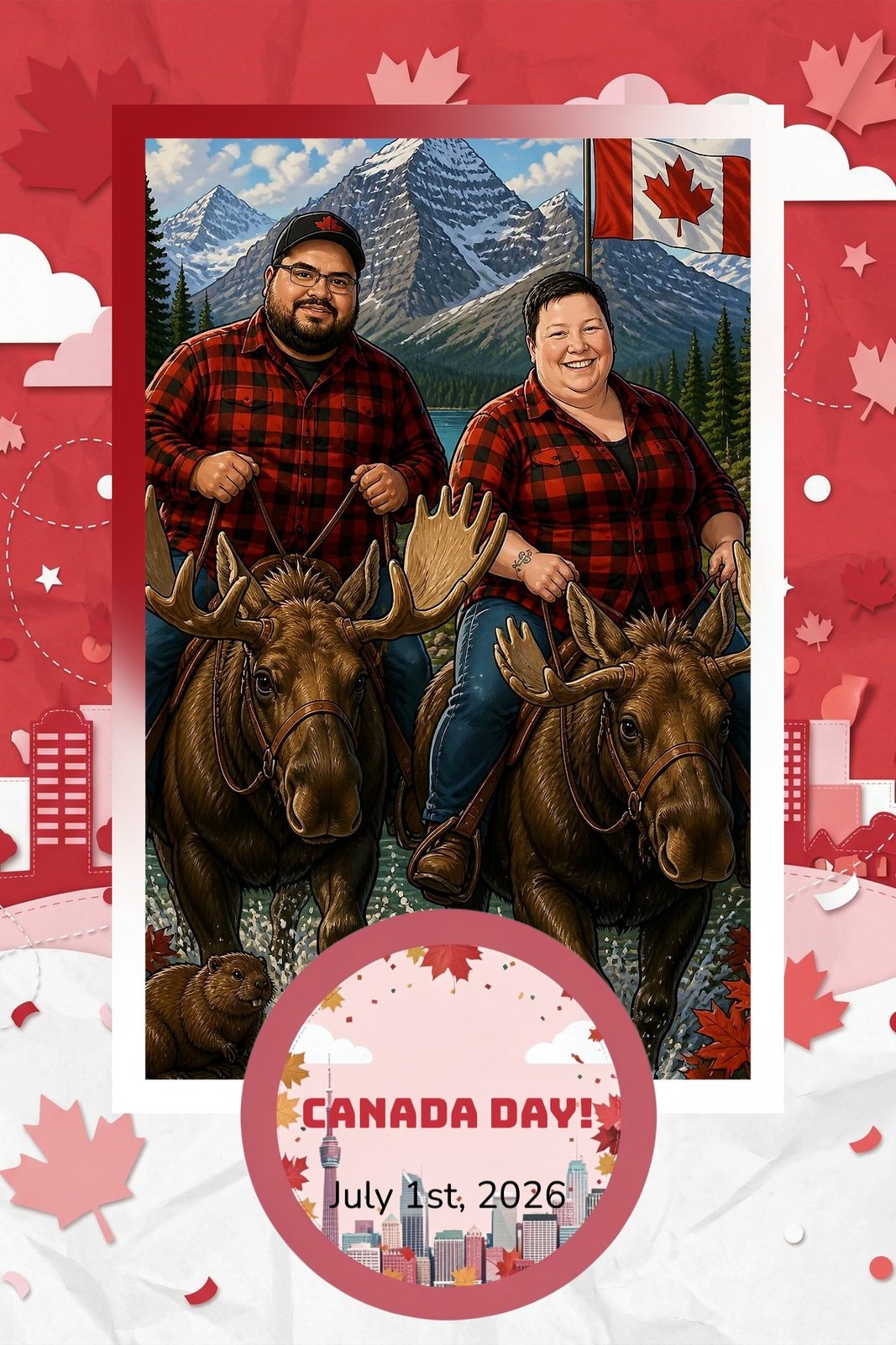 AI Photo Experience: a couple in red plaid riding moose in front of snowy mountains and a Canada flag