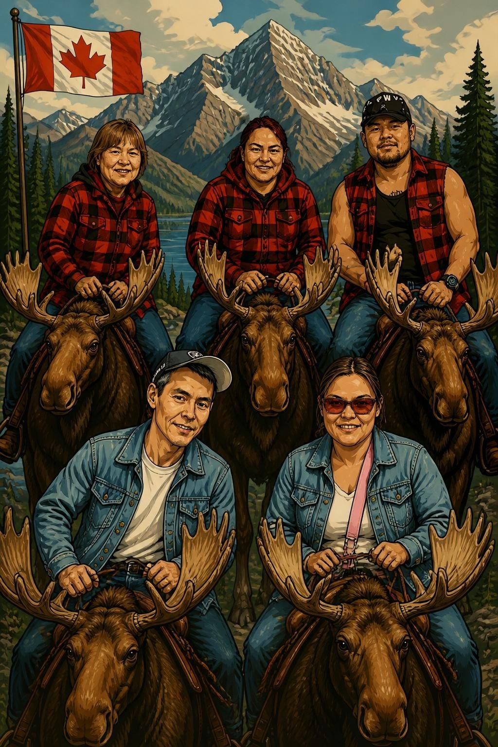 AI Photo Experience: five adults in plaid and denim riding moose beneath a Canada flag and mountain peaks
