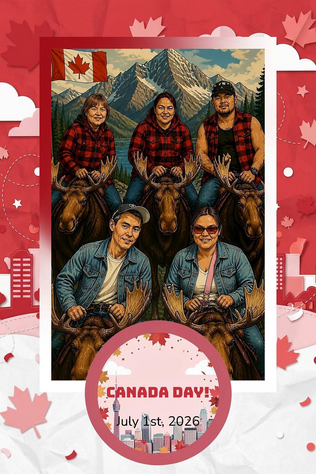 AI Photo Experience: a group of friends in plaid riding moose beneath mountain peaks and a Canada flag