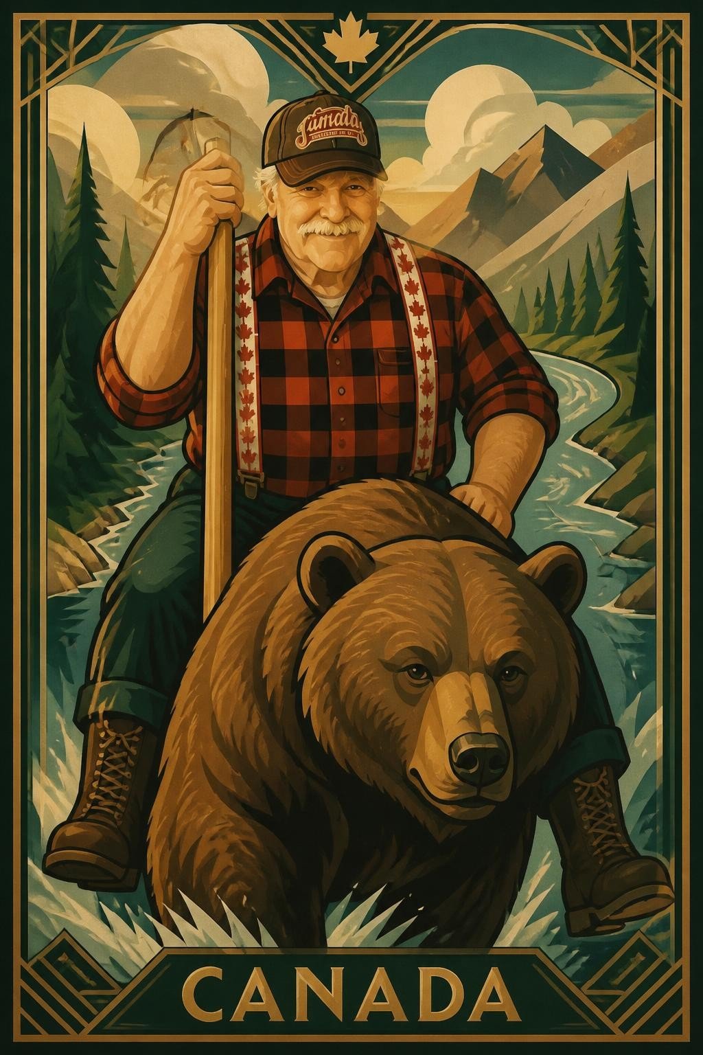 AI Photo Experience: a smiling man in a red plaid shirt and cap rendered as a vintage Canada travel poster, riding a bear