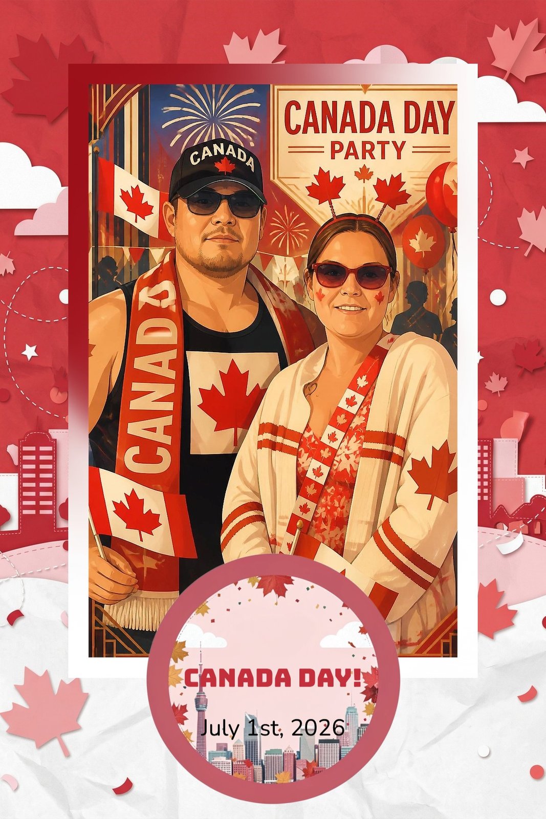 AI Photo Experience: a couple in sunglasses rendered as a retro Canada Day party poster
