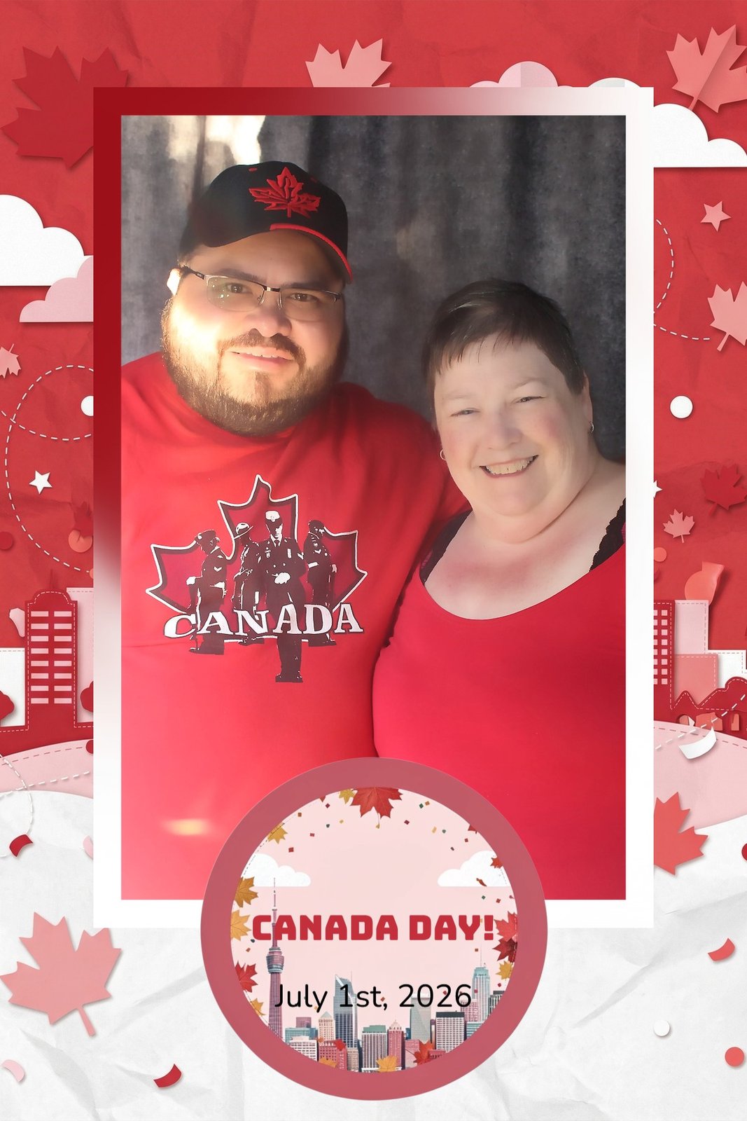 A couple in red Canada shirts, one in a maple leaf cap, in the Canada Day overlay