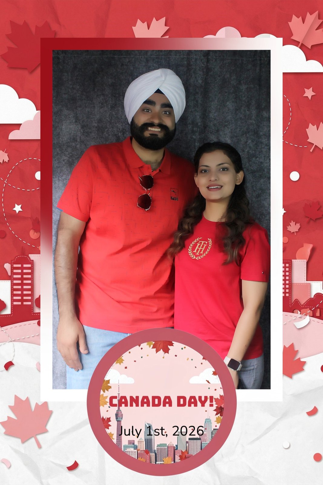 A couple in matching red in the Canada Day overlay