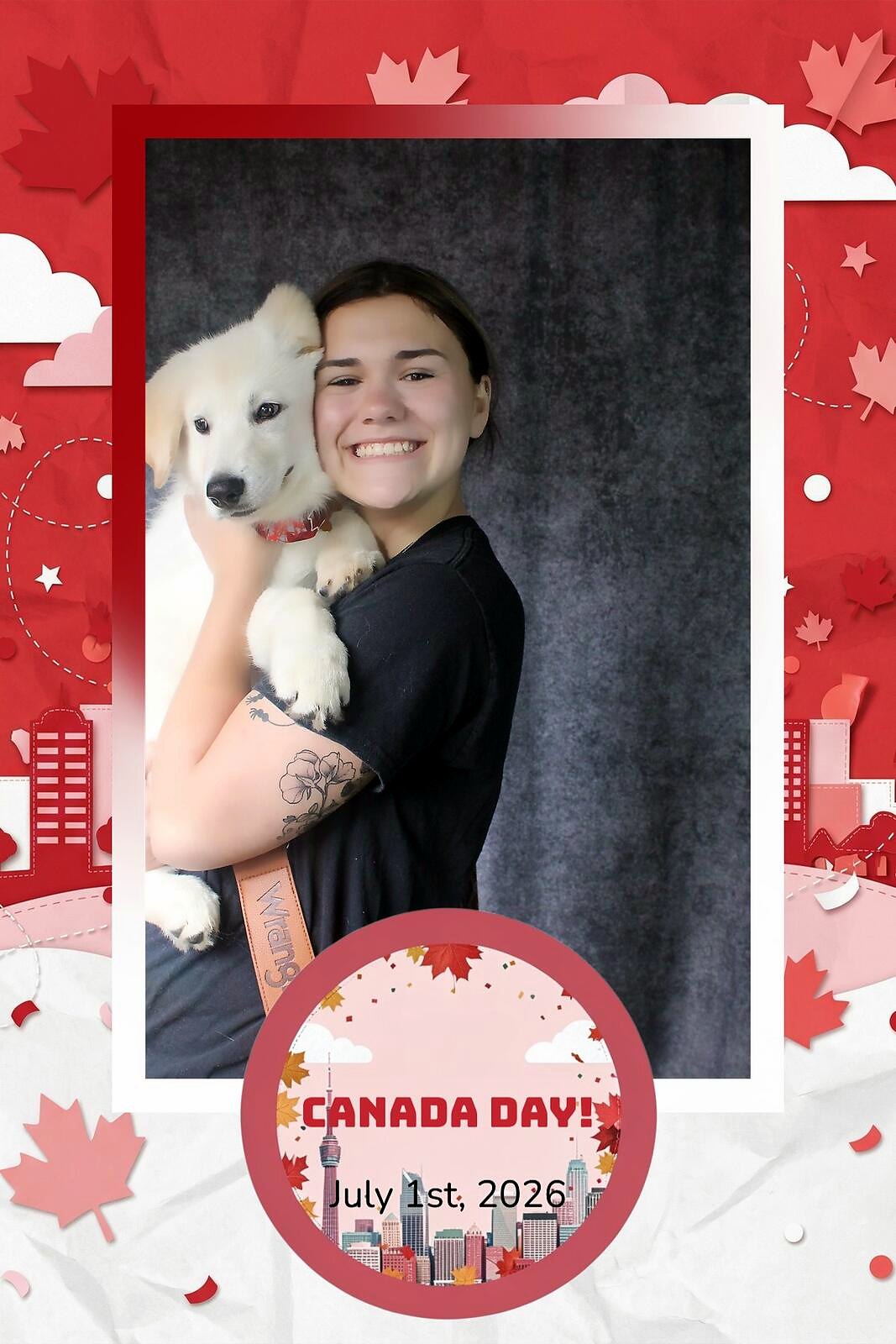 A young woman hugging a fluffy white puppy in the Canada Day overlay