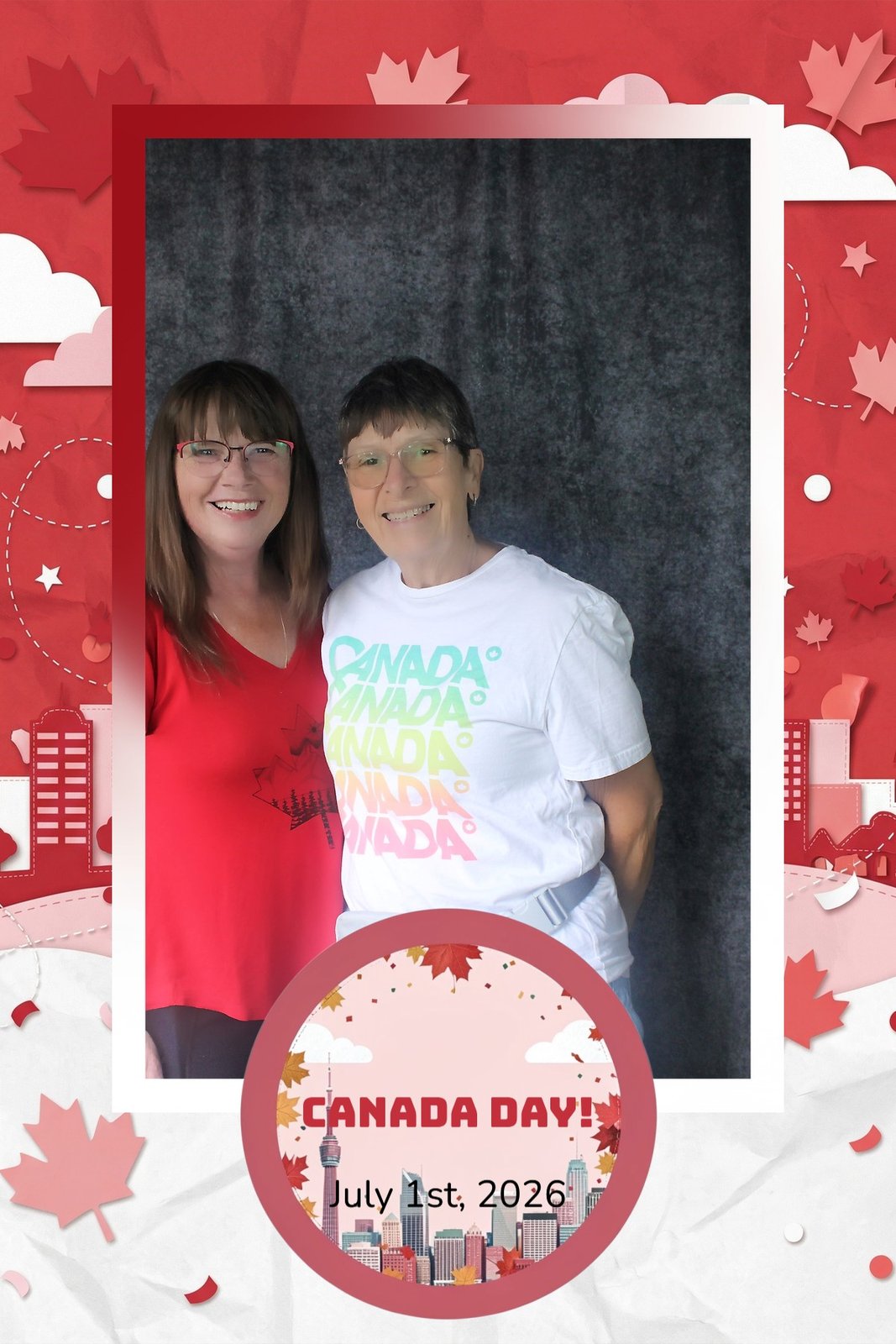 Two friends in a red top and a white Canada tee in the Canada Day overlay
