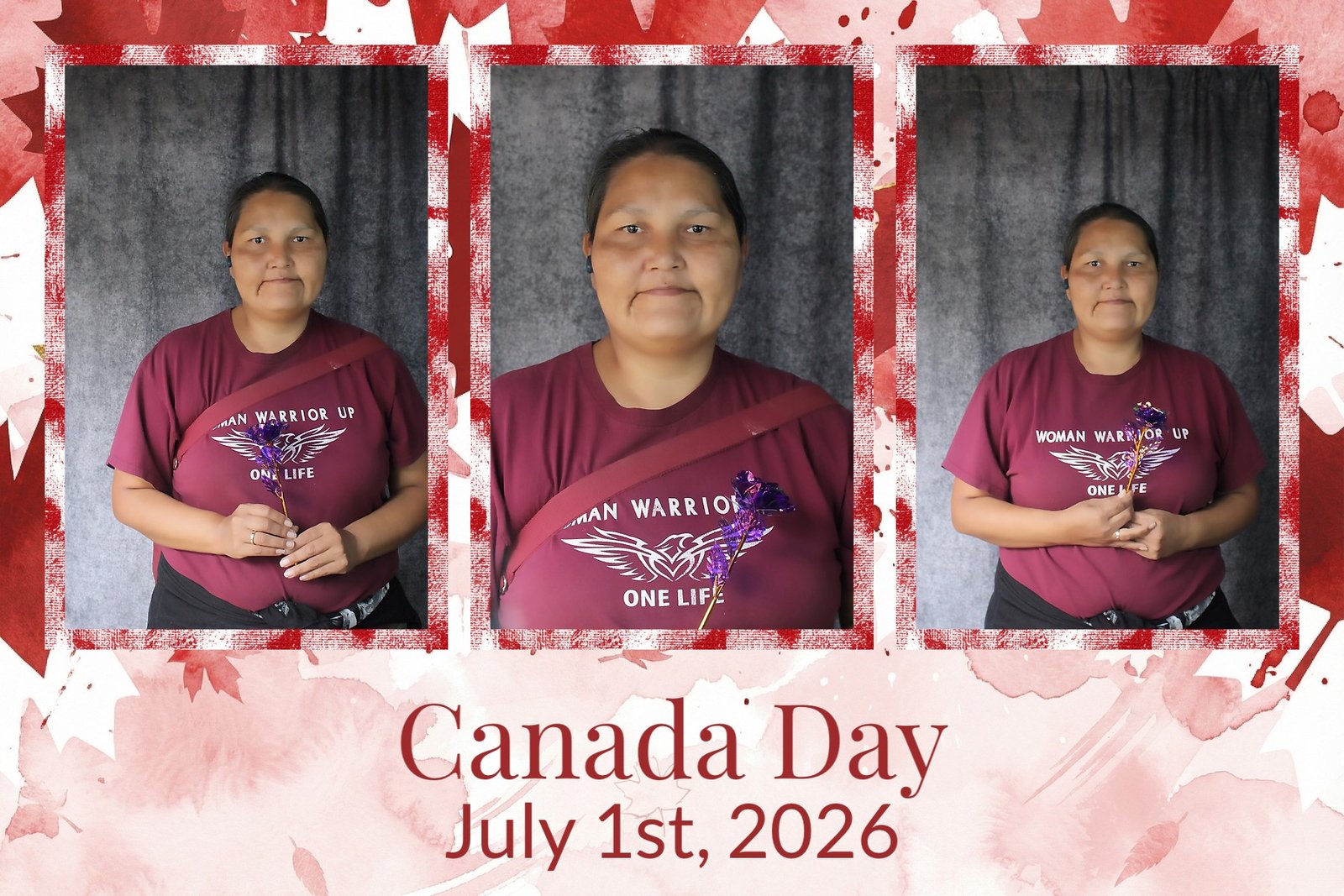 A woman in a maroon Warrior Up T-shirt across a three-frame Canada Day strip in a watercolour maple leaf overlay
