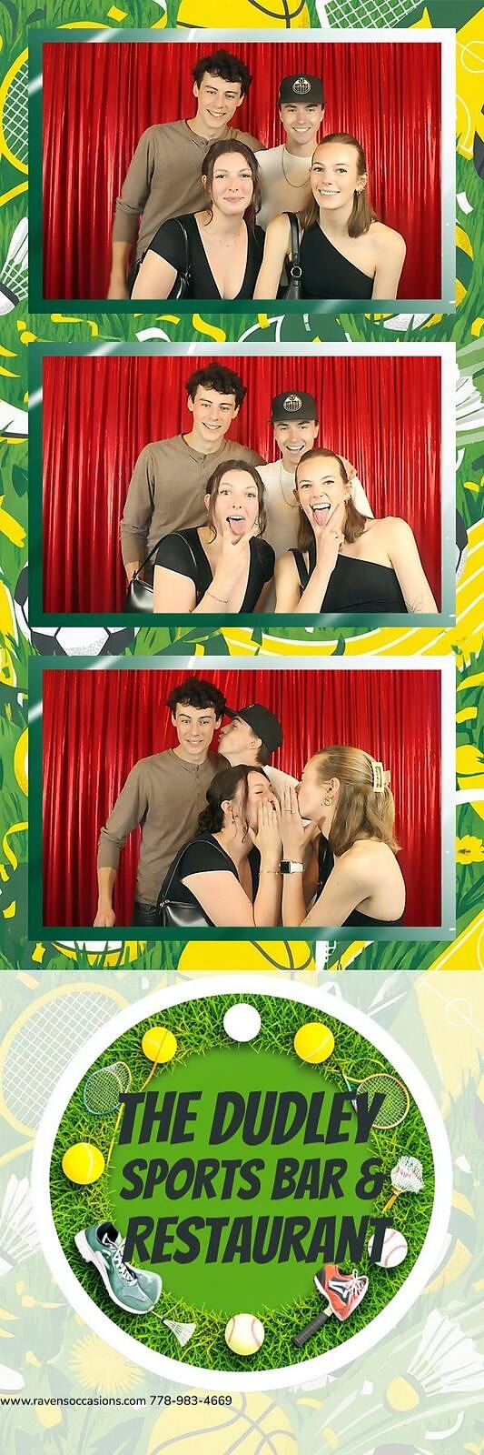A three-frame print strip of a couple joined by a friend in front of the red curtain with The Dudley overlay