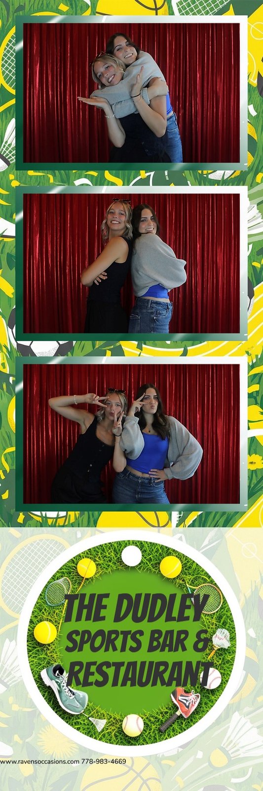 A three-frame print strip of two friends pulling faces and hugging in front of the red curtain