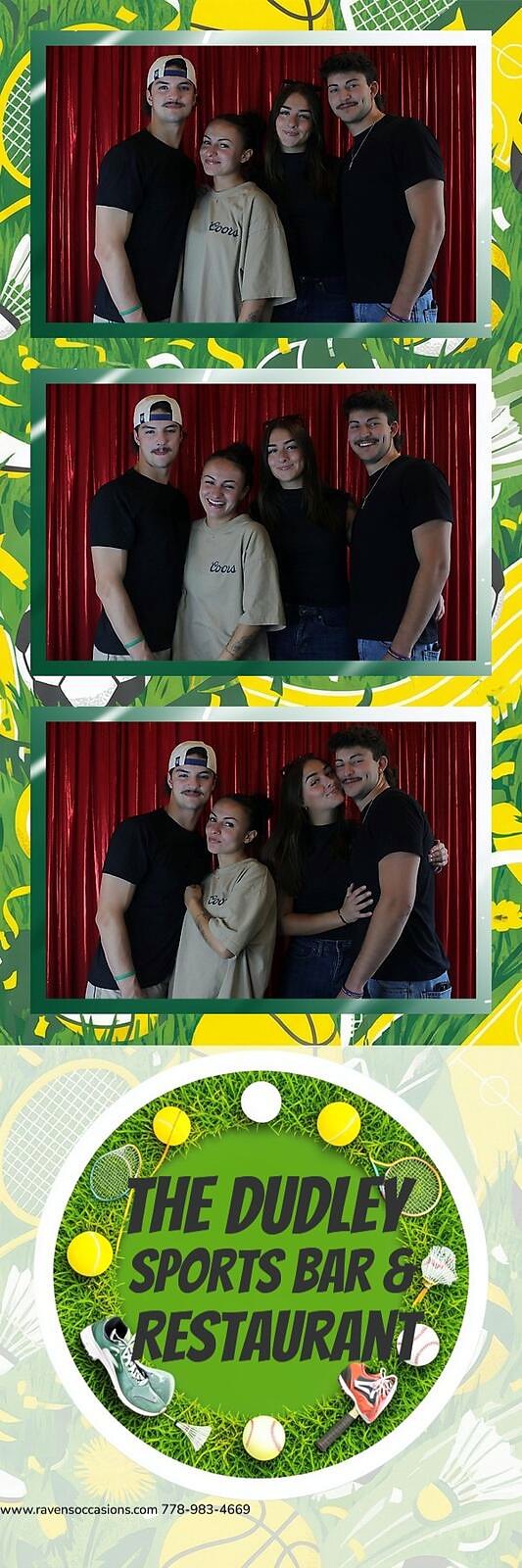 A three-frame print strip of a couple and a friend in front of the red curtain with The Dudley Sports Bar overlay