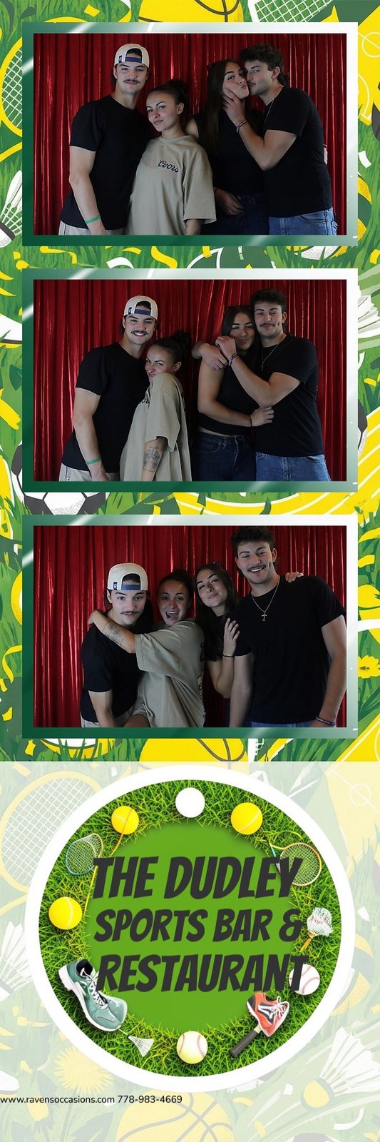 A three-frame print strip of four friends in front of the red curtain with The Dudley Sports Bar overlay