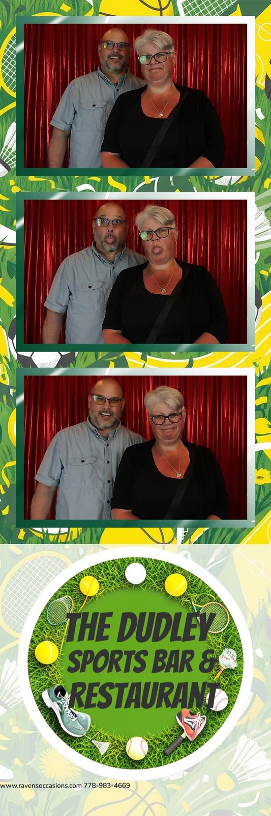 A three-frame print strip of a couple in glasses, one in a light shirt, smiling warmly in front of the red curtain