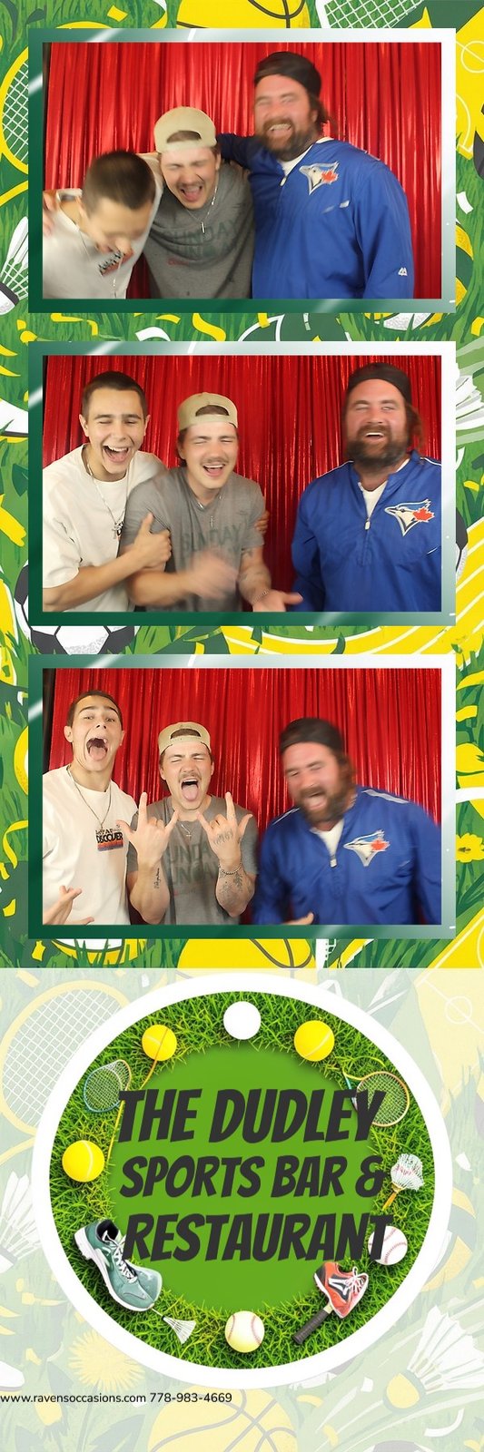 A three-frame print strip of three men, one in a Blue Jays jersey, going from posed to shouting