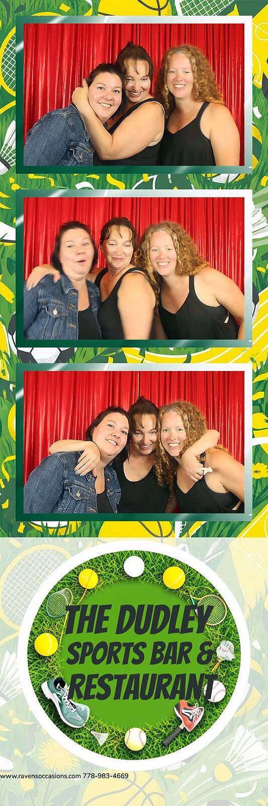 A three-frame print strip of three women pulling faces in front of the red curtain with The Dudley overlay