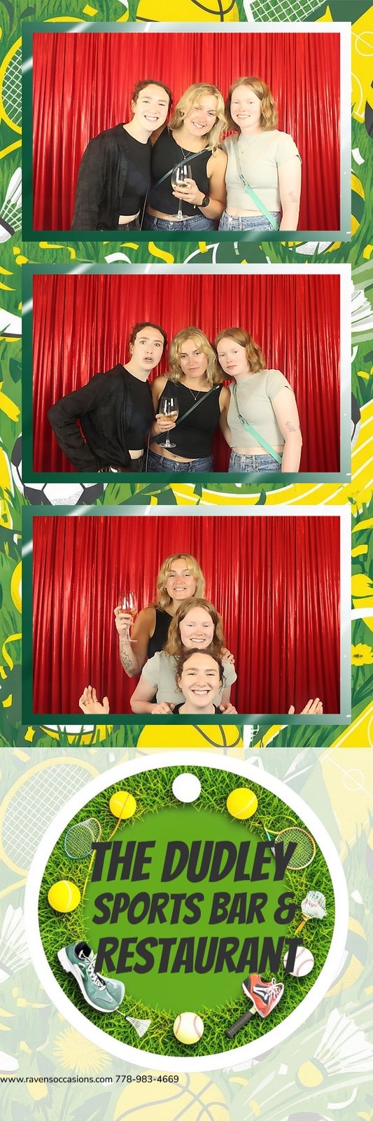A three-frame print strip of three women laughing and toasting in front of the red curtain