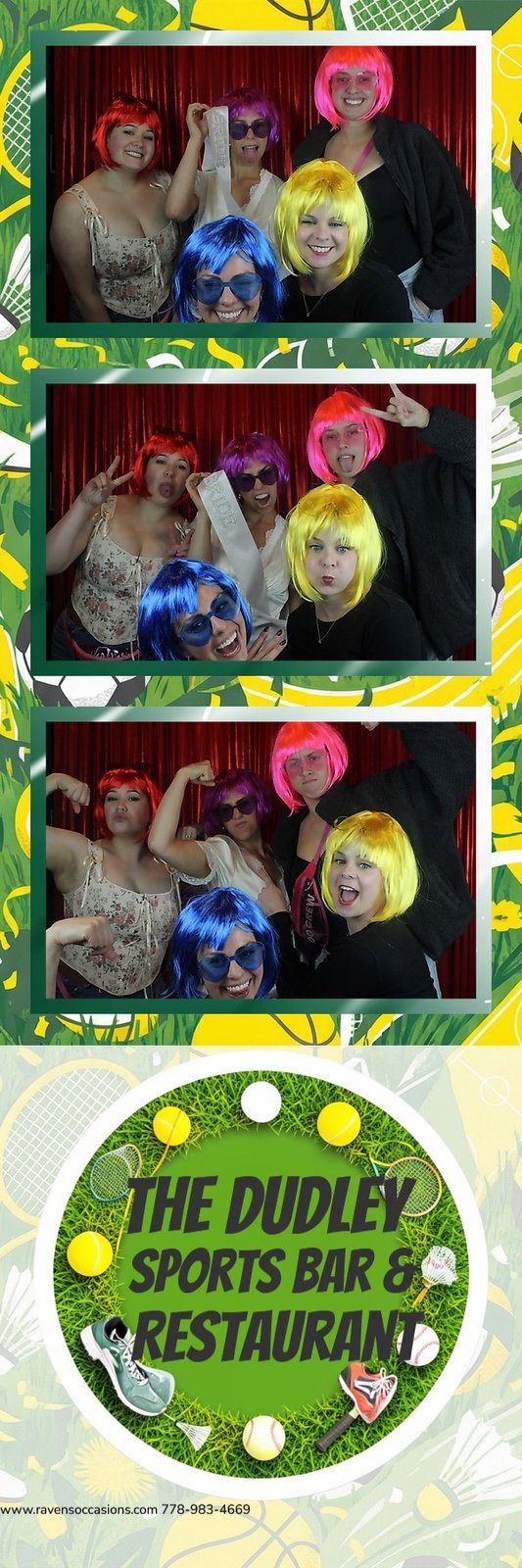A three-frame print strip of three guests in bright pink, blue and yellow wigs