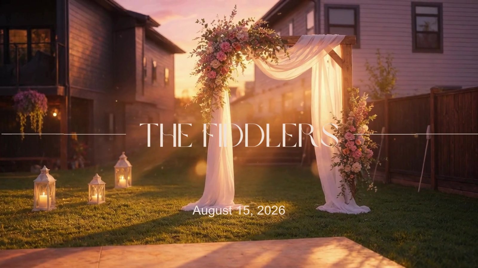 The welcome screen built for the Fiddler wedding: a candlelit garden arch with The Fiddlers and the wedding date