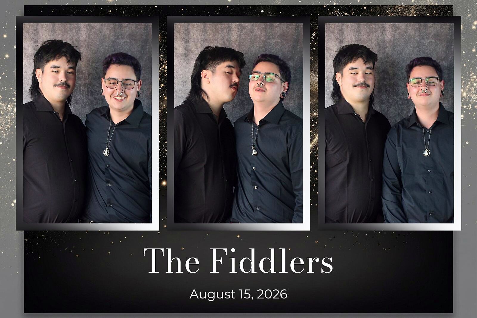 Two groomsmen in black across a three-frame collage, one kissing the other on the cheek in the middle frame, on The Fiddlers wedding overlay