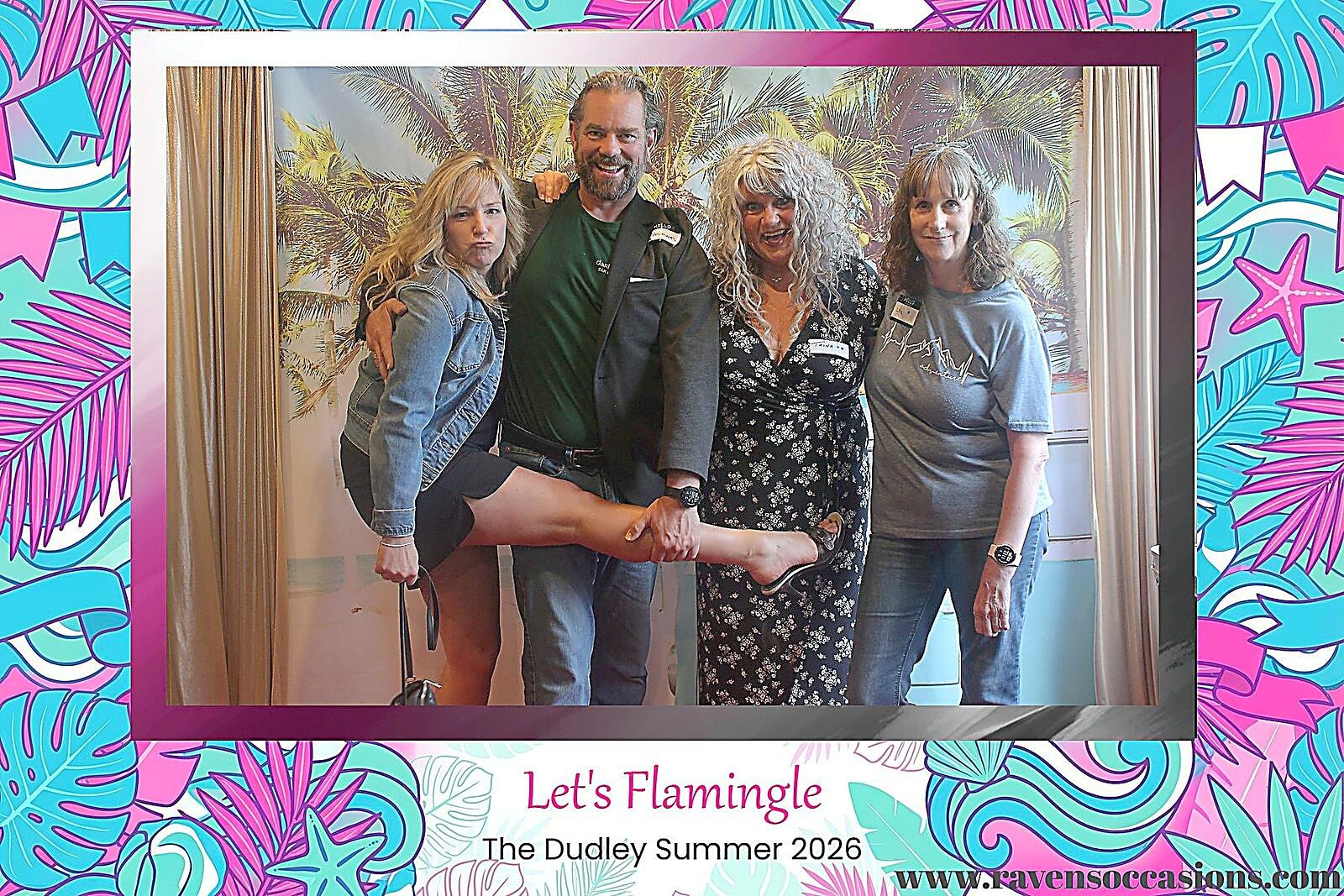 Four guests in the Let's Flamingle overlay at The Dudley summer social