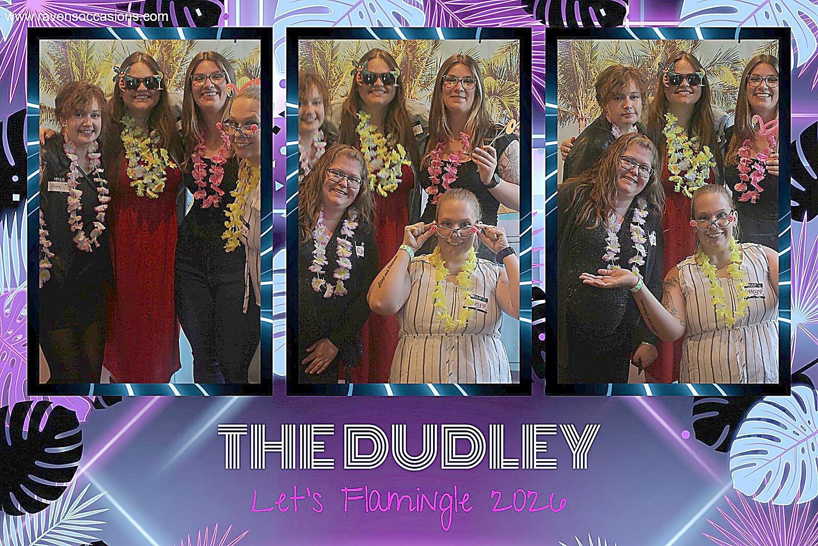 Three women in flower leis across a three-frame Let's Flamingle collage at The Dudley