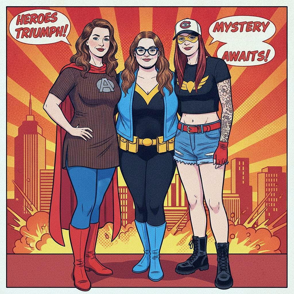AI Photo Experience: three friends drawn as a retro comic-book hero team with Triumph and Mystery Awaits speech bubbles