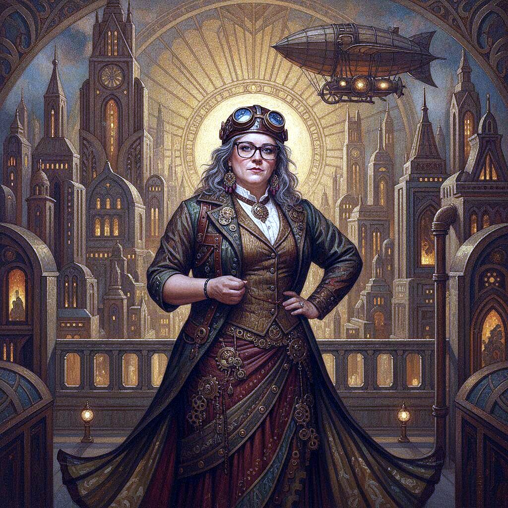 AI Photo Experience: a guest in goggles rendered as a steampunk adventurer in a bronze airship city