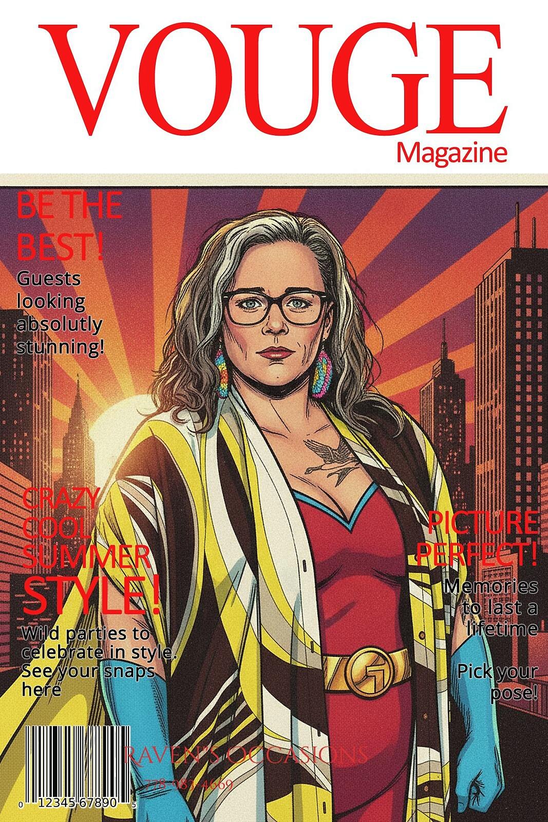 AI Photo Experience: a guest in glasses drawn as a comic-book hero on a Vouge magazine cover