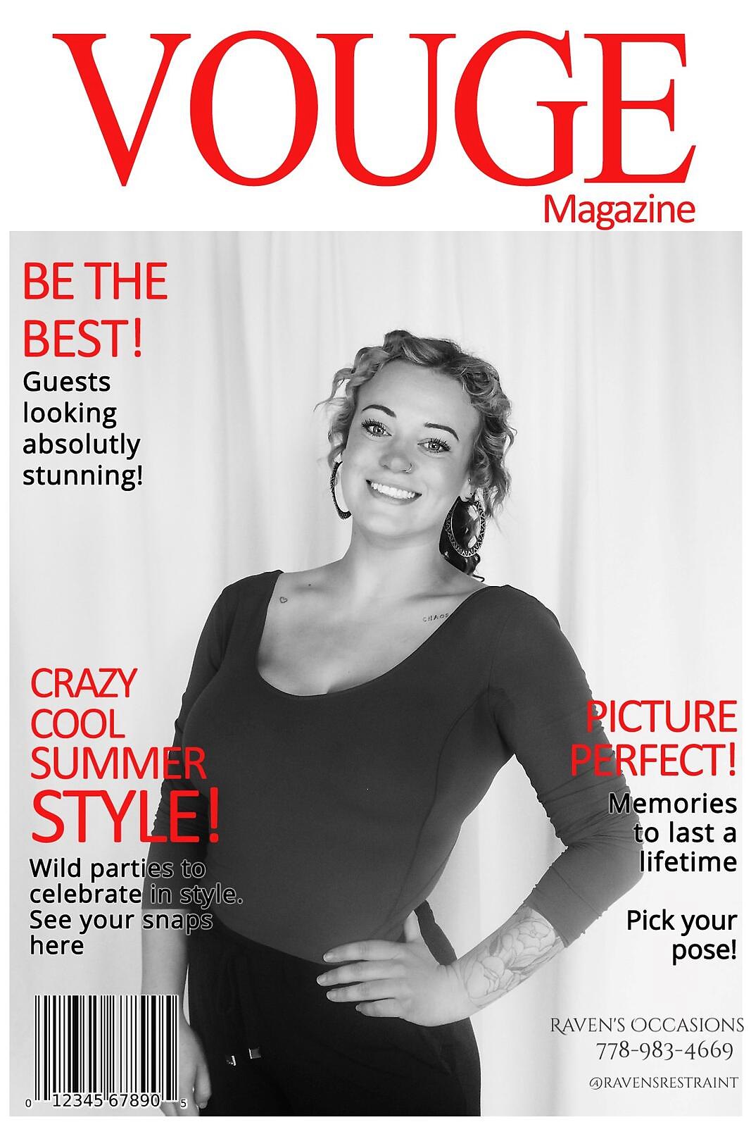 A black-and-white Vouge magazine cover overlay: a smiling guest in a dark top with Be the Best and Picture Perfect cover lines