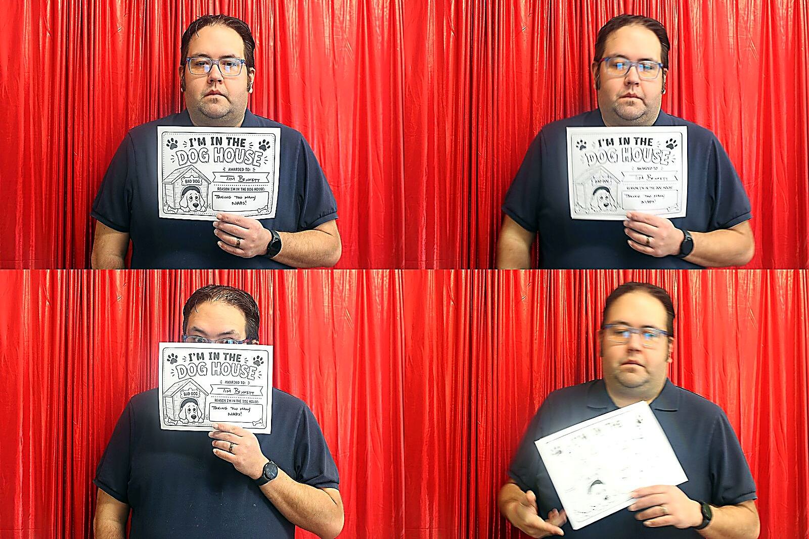 A man in a blue polo across a four-frame collage holding an I'm in the Dog House sign in front of the red curtain