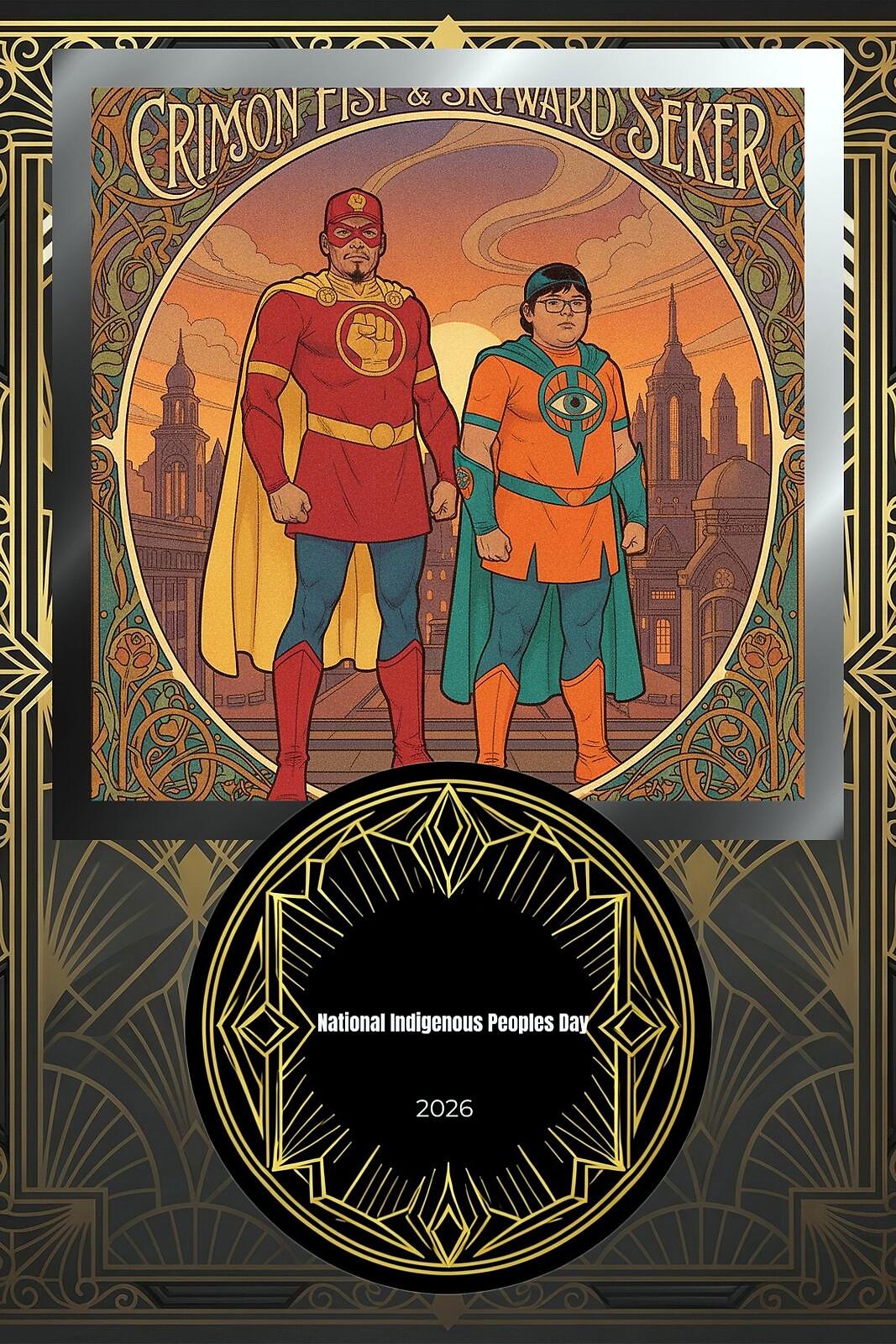 AI Photo Experience: two guests drawn as a caped hero duo, Crimson Fist and Skyward Seeker, over a sunset city