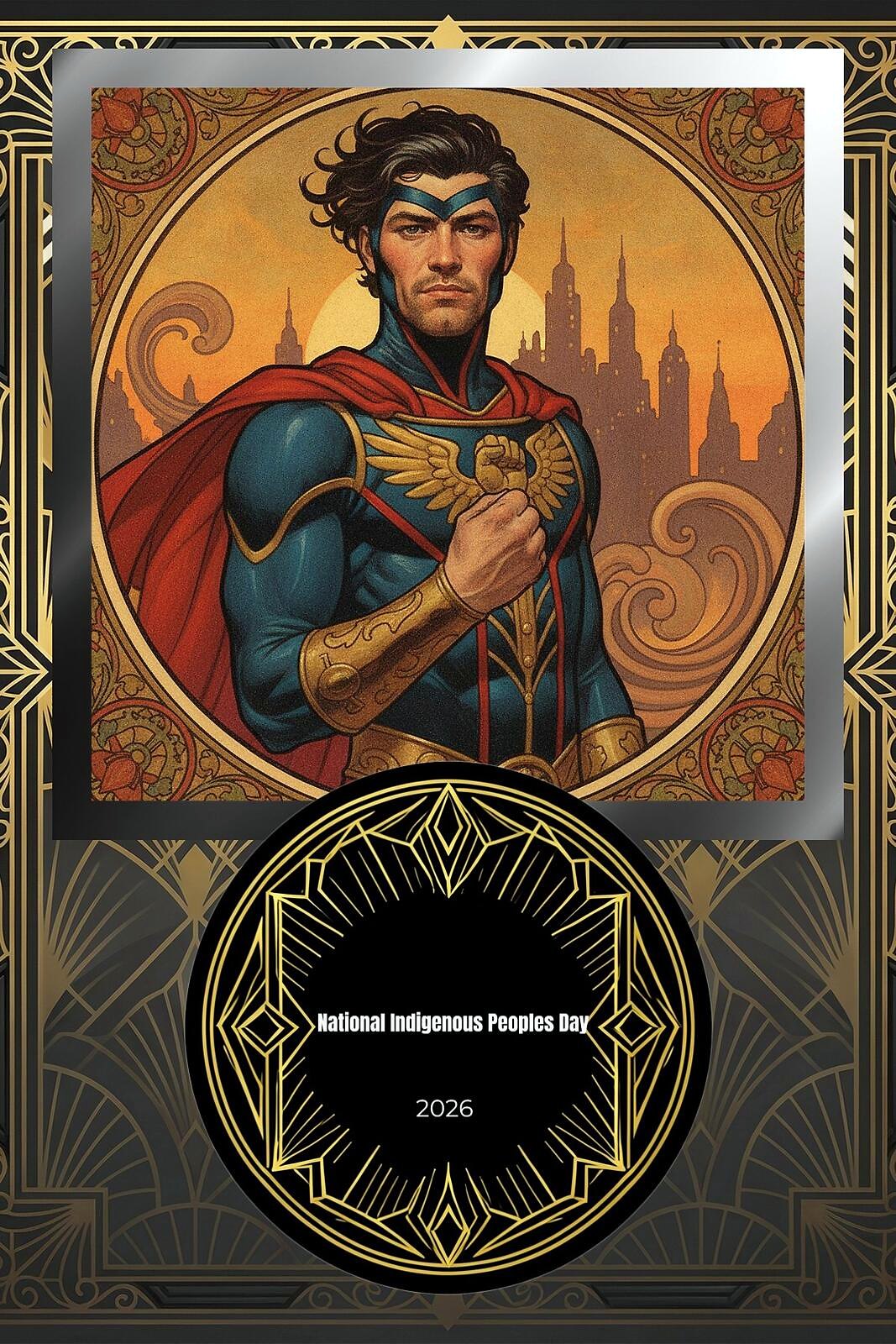 AI Photo Experience: a man reimagined as an armoured hero with a gold eagle crest in an art-deco frame