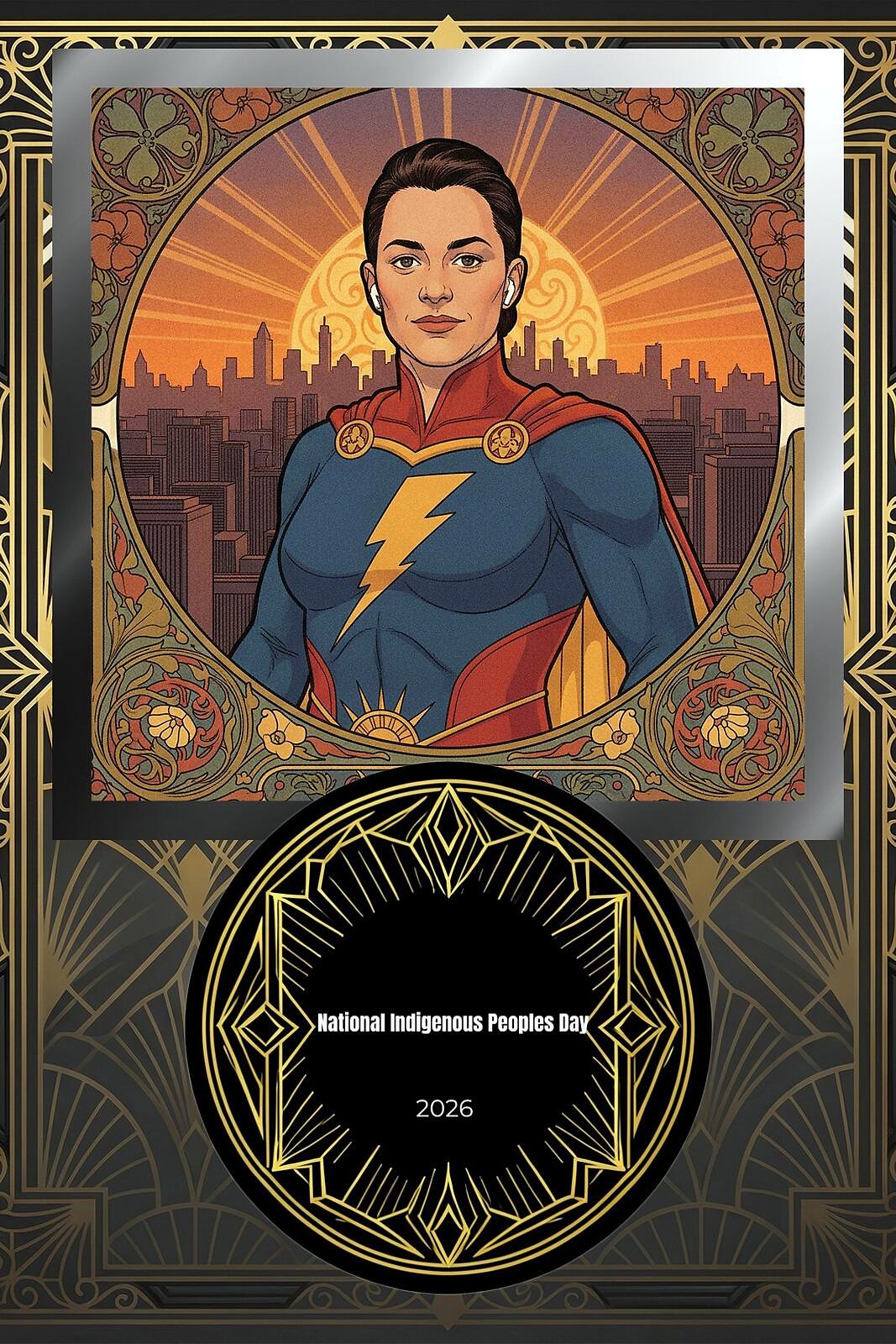 AI Photo Experience: a woman reimagined as a caped comic-book hero in blue and gold, in an art-deco National Indigenous Peoples Day frame