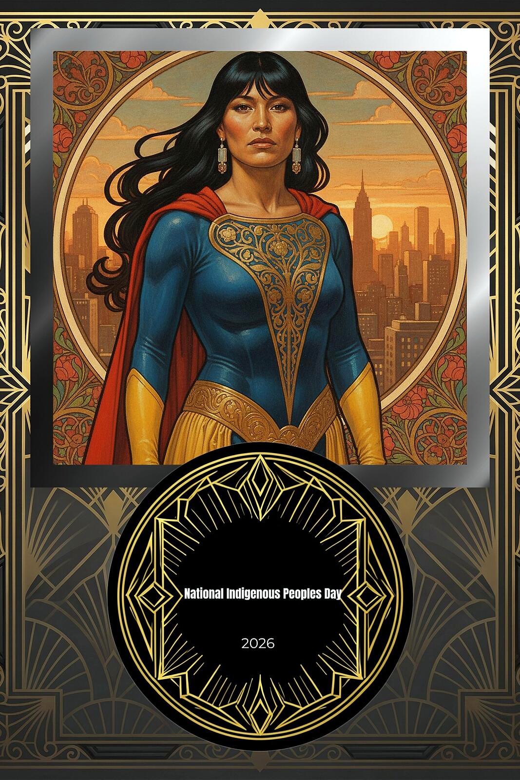 AI Photo Experience: a woman with long dark hair rendered as a caped hero in blue and gold armour