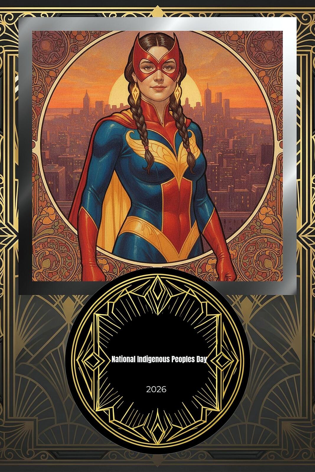 AI Photo Experience: a woman in a red and gold masked hero suit against a city skyline