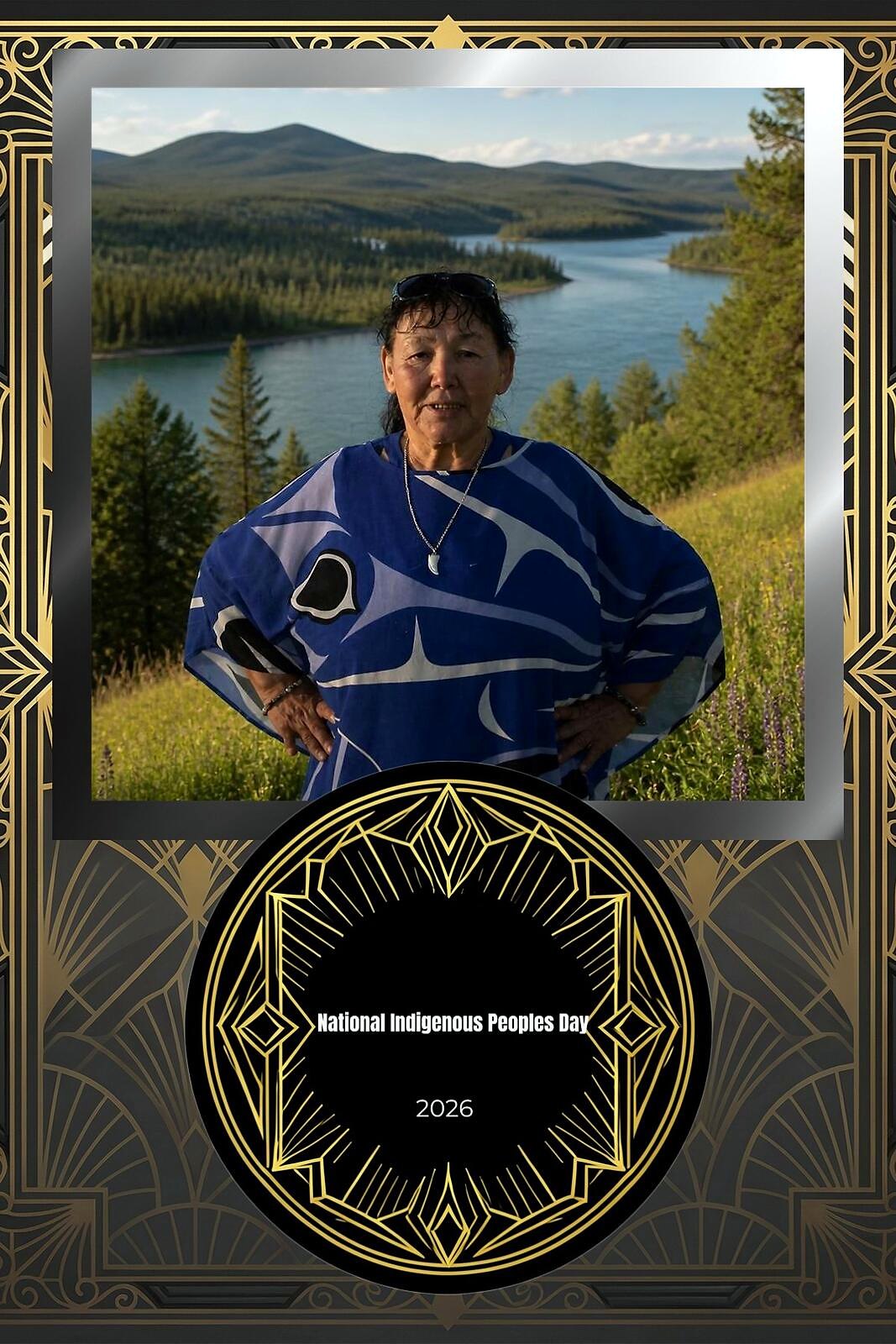 A woman in a blue Indigenous-print top photographed against a lake and forest backdrop in the National Indigenous Peoples Day frame