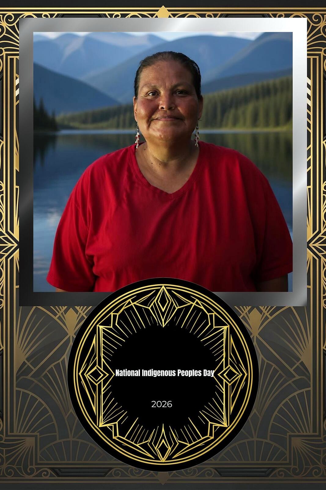 A woman in a red top smiling in front of a mountain lake backdrop in the National Indigenous Peoples Day frame