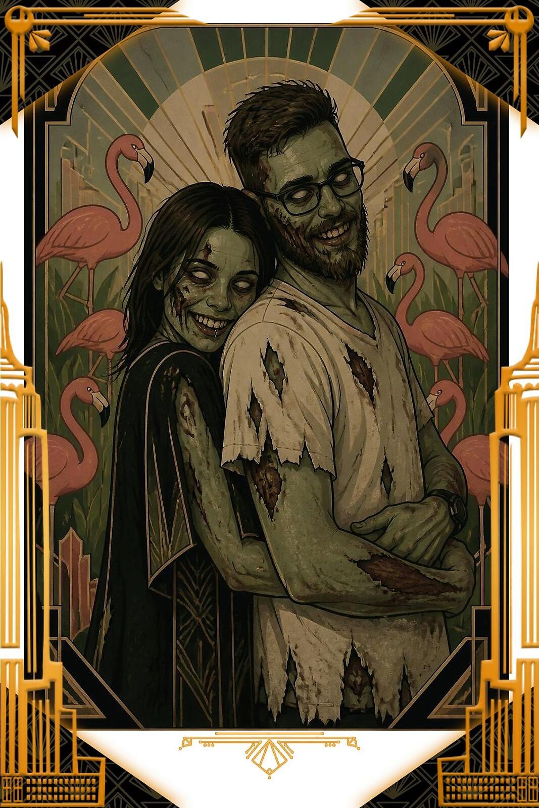 AI Photo Experience: a couple rendered as art-deco zombies with pink flamingos in a gold frame at The Dudley summer social